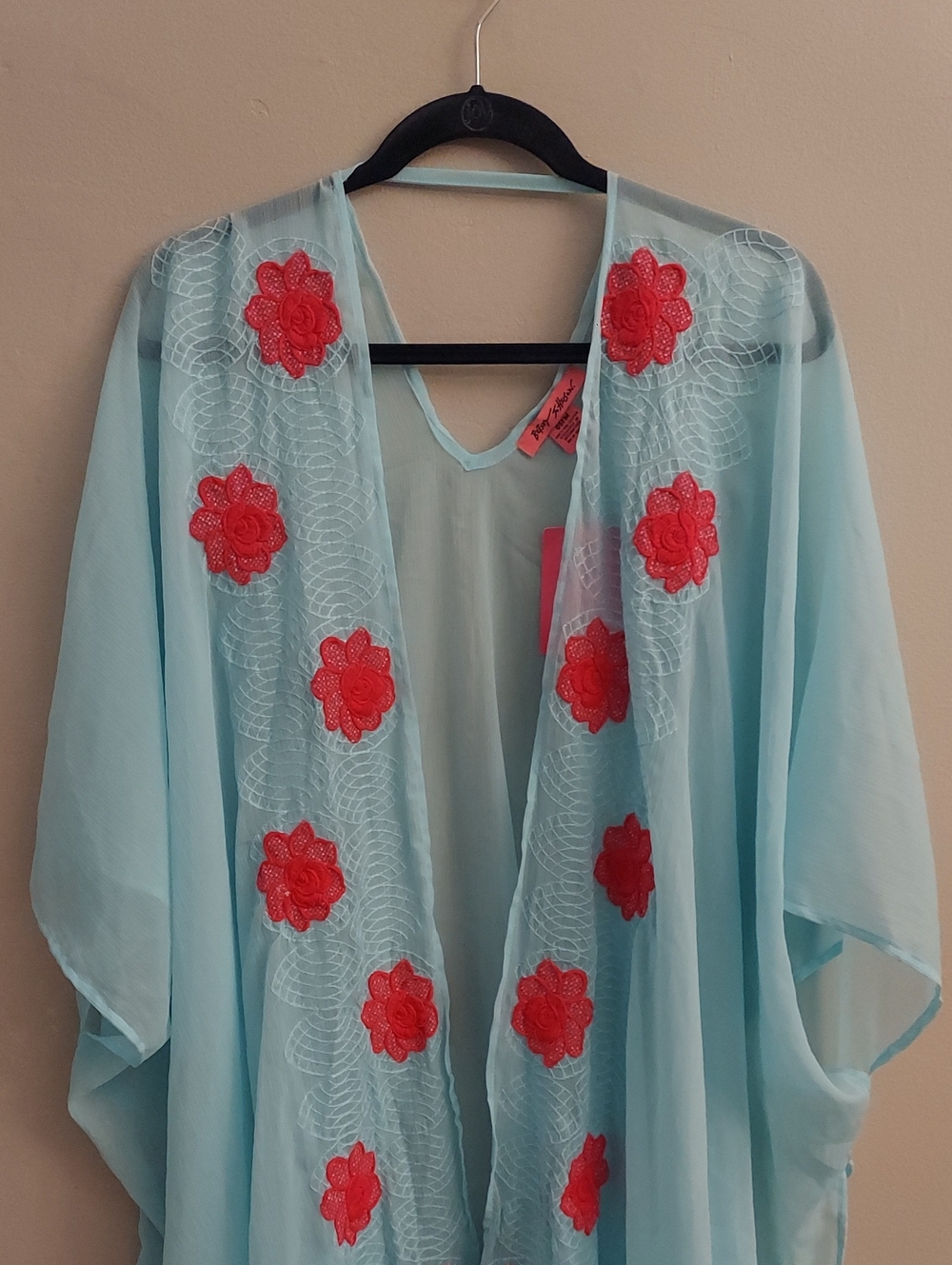 Betsey Johnson Light Blue Sheer Chiffon Kimono Cardigan Pink Floral Applique OS - Picture 2 of 12